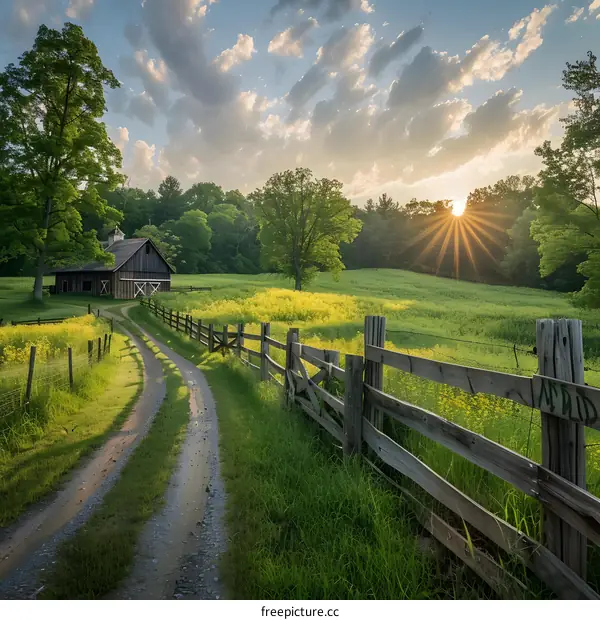 Countryside Landscape with Rustic Barn and Fence