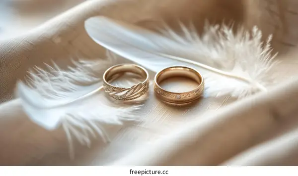 Two gold wedding rings on a white feather and beige cloth background