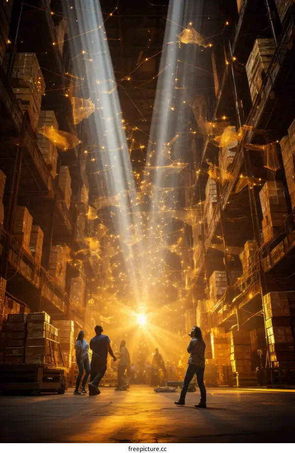 People in a warehouse looking up at the lights