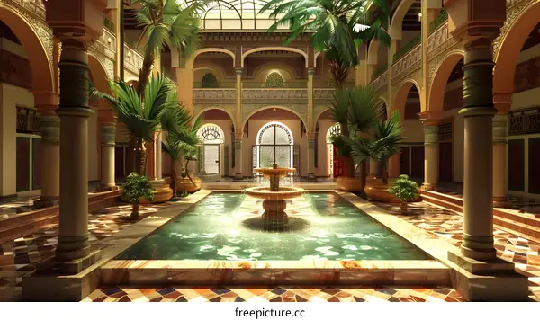 Beautiful  Arabic Style Courtyard with Fountain and Palm Trees