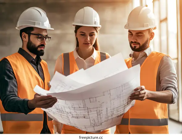Construction Workers Reviewing Blueprint