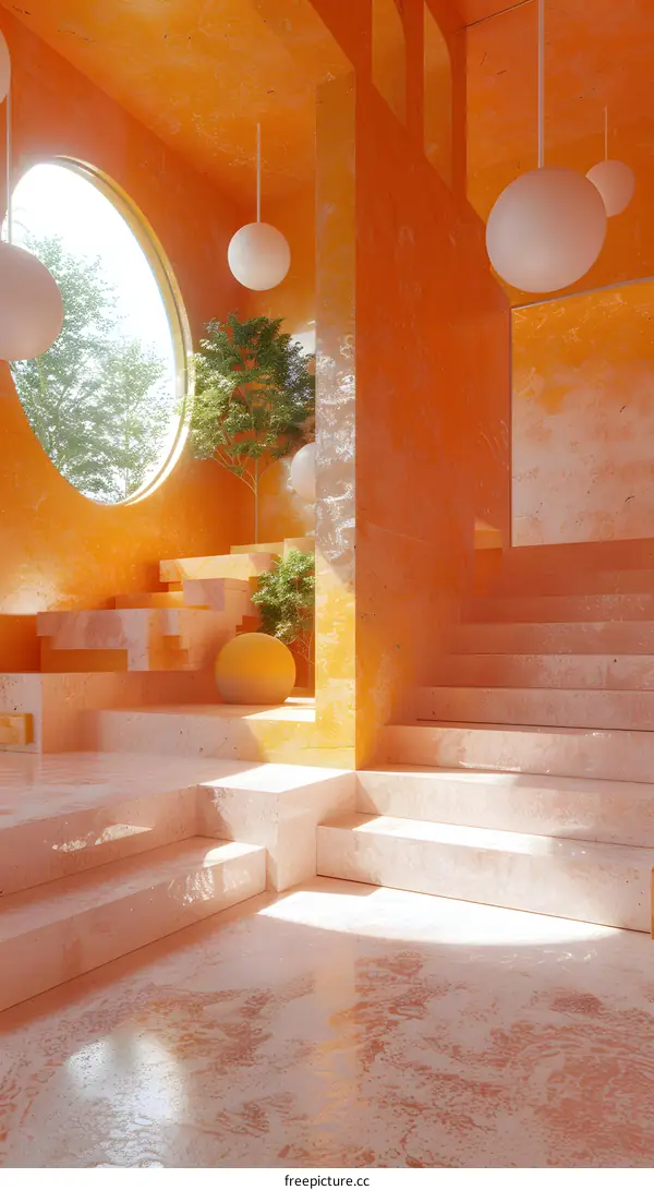 Pink architectural space with stairs and round window