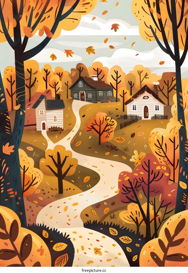 Autumn Landscape With Winding Road and Houses