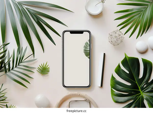 Flat Lay with Smartphone and Green Tropical Leaves