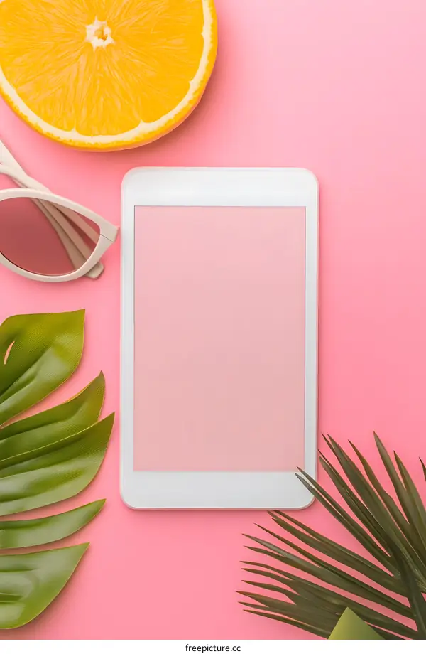 Summer Flat Lay with Tablet, Palm Leaves, Orange and Sunglasses