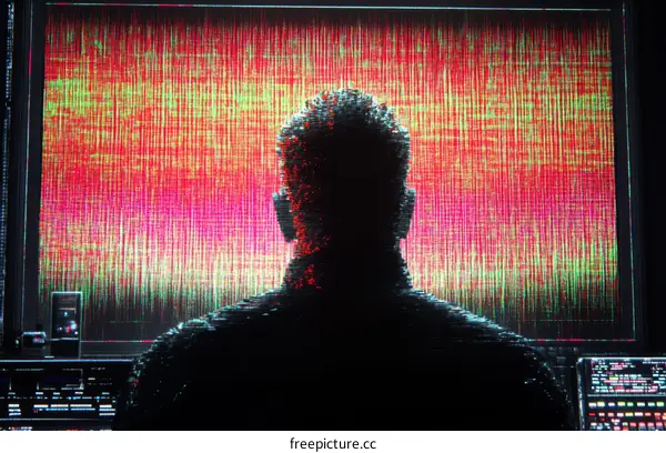 Person Viewing Abstract Digital Glitch Display