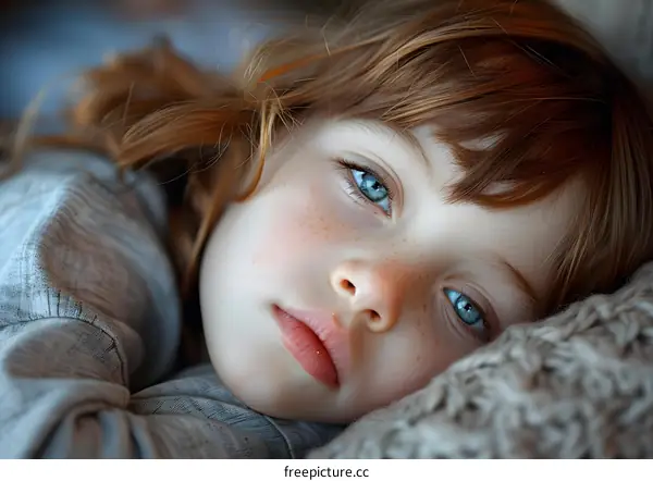 Portrait of a young girl with red hair and blue eyes