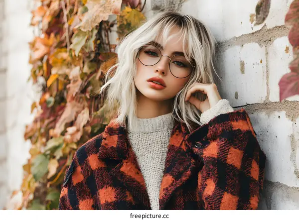 Portrait of a Young Woman with Blonde Hair in a Red and Black Plaid Jacket