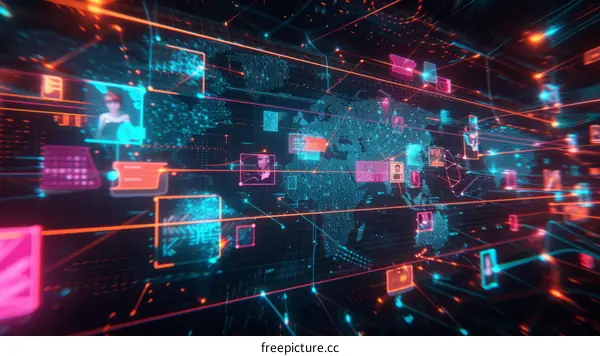 A digital illustration of a circuit board with glowing nodes and a world map.