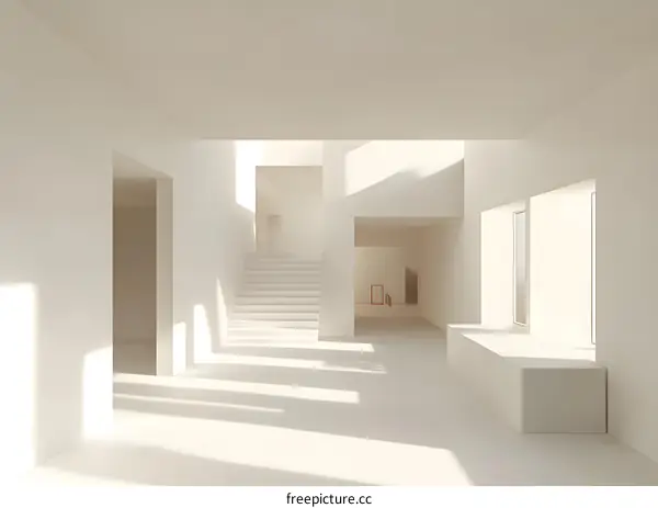 Minimalist White Interior Design with Staircase and Sunlight