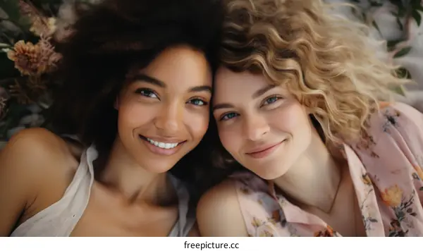 Two young women with different skin tones smiling at each other