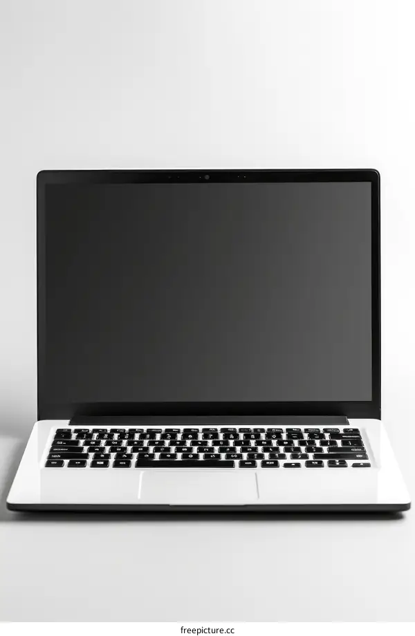 Laptop with blank black screen isolated on white background