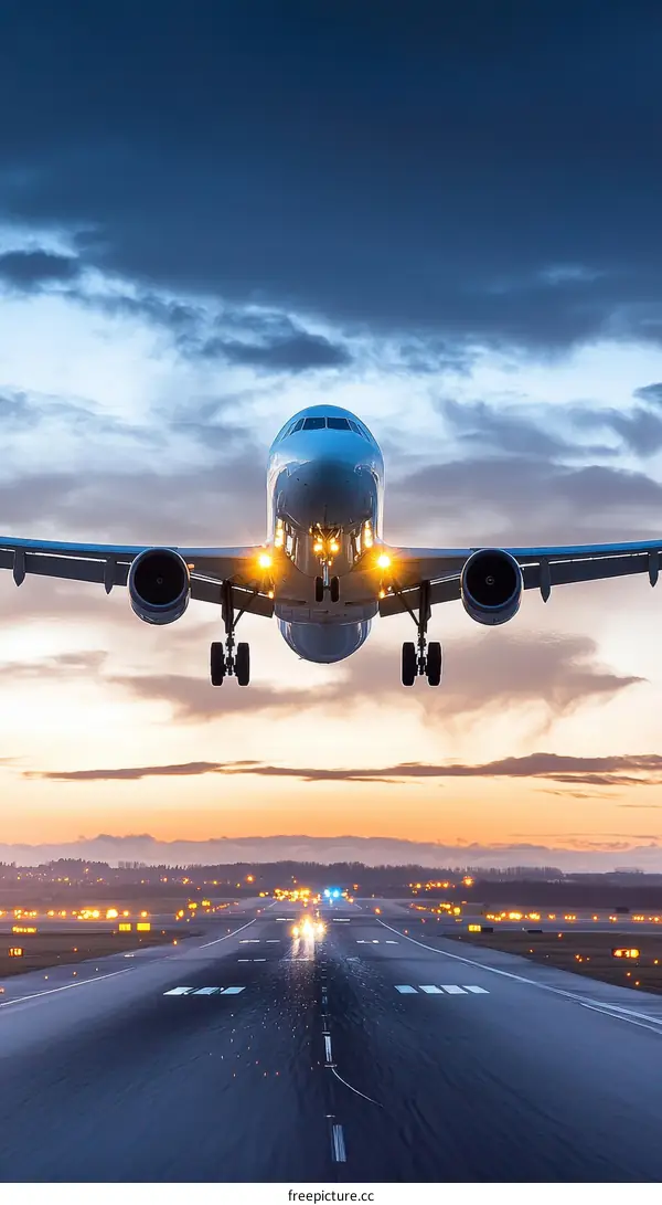 Aircraft Landing on Runway at Sunrise