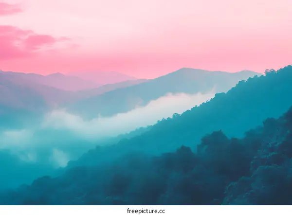Mountain Landscape with Fog and Pink Sky