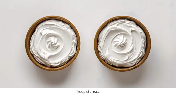 Two wooden bowls filled with fluffy white frosting