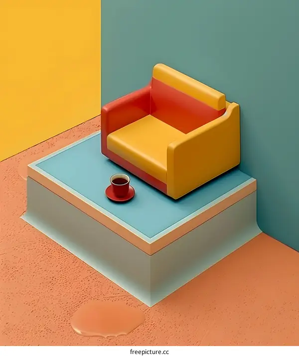 Yellow and Red Couch on a Blue Platform with a Cup of Coffee