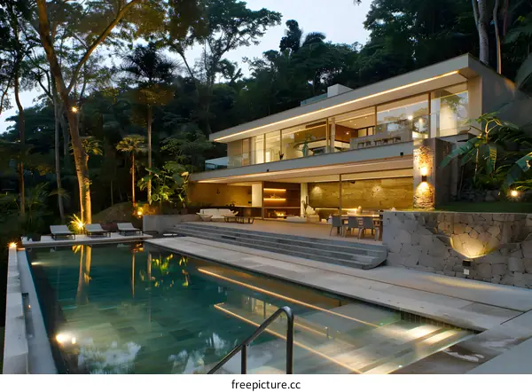 Modern Home With Swimming Pool And Lush Greenery