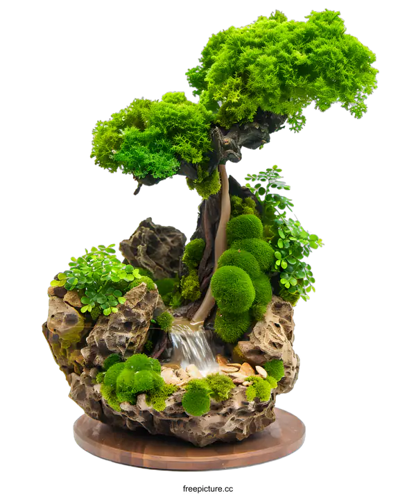 [Transparent Background PNG]Miniature Green Moss Waterfall Landscape
