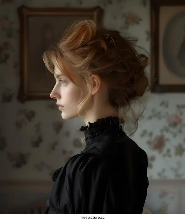 Portrait of a young woman in profile with an elaborate hairstyle