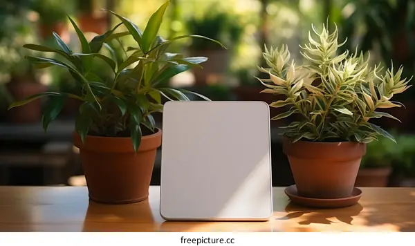 Blank white square sign between two potted plants