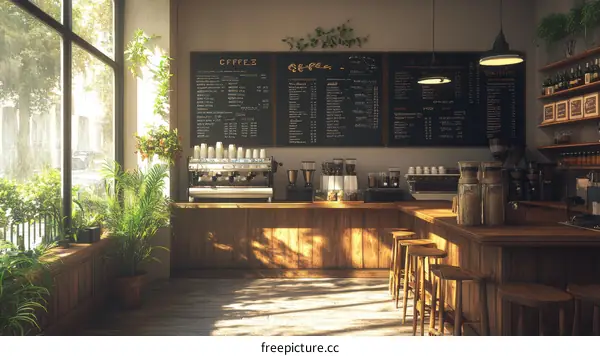 Cozy Cafe Interior with Warm Sunlight and Plants