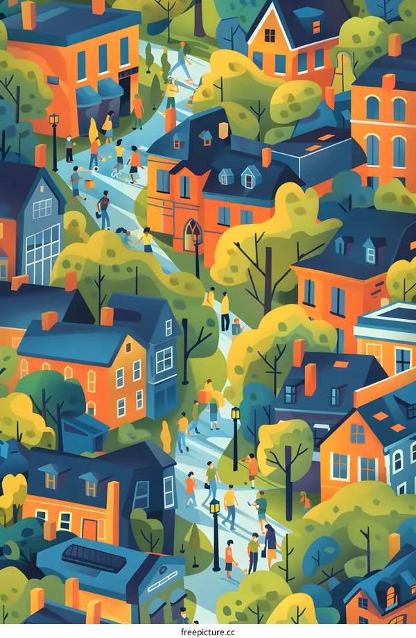 Colorful Illustration of People Walking Through a Small Town