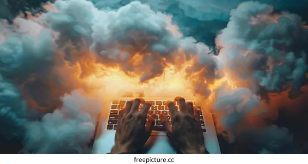 Fingers typing on laptop keyboard with stormy clouds in the background