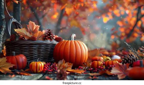 Autumn Harvest Still Life with Pumpkins and Baskets