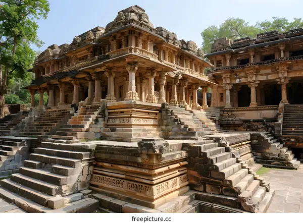 Ancient Hindu Temple in India With Stone Steps and Pillars
