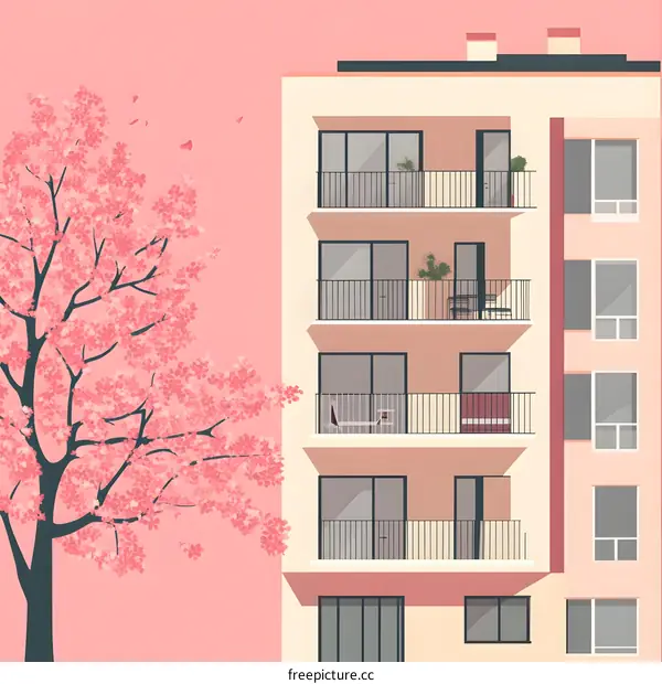 Pink Building with Cherry Blossom Tree Illustration