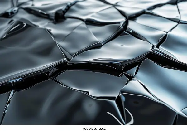 Abstract 3D rendering of a dark, reflective surface with a shattered glass-like appearance