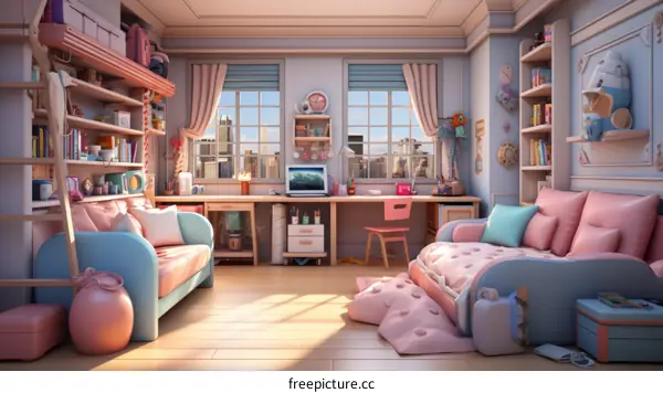 A cozy and cute bedroom with a city view