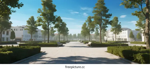 A peaceful campus path lined with trees and buildings