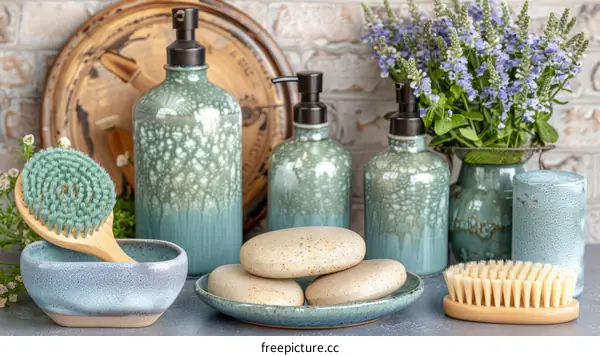 Natural Handmade Soap & Shampoo Bottles with Wooden & Ceramic Accessories