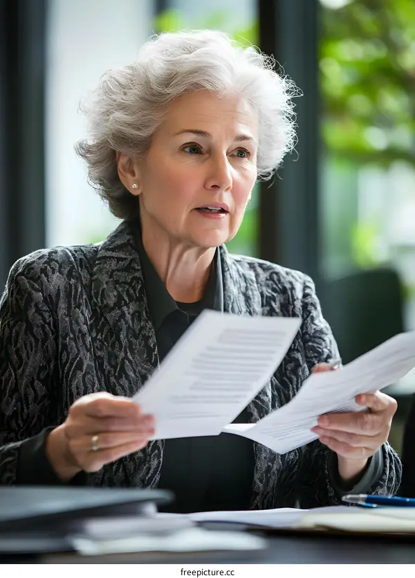 Senior Businesswoman Reviewing Documents in Office