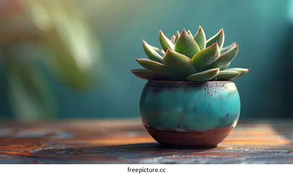 Succulent Plant in Blue Ceramic Pot on Wooden Table