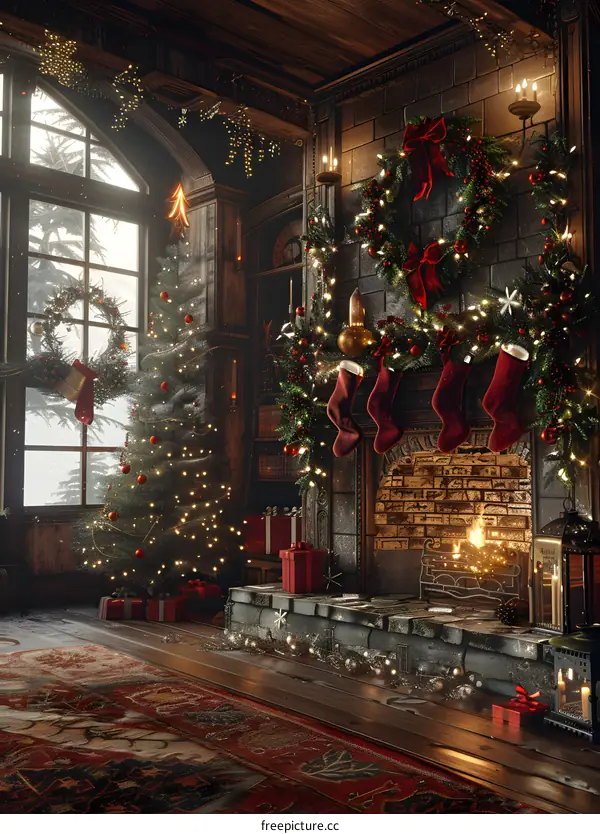 Christmas Tree by the Fireplace