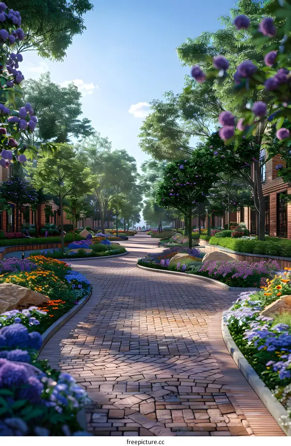 A brick path winds through a lush garden