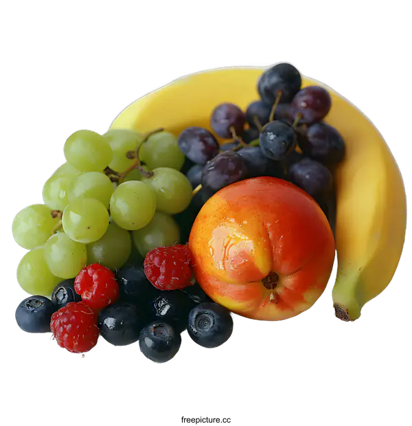 [Transparent Background PNG]Fresh Fruit Arrangement With Banana Grapes Peach And Berries