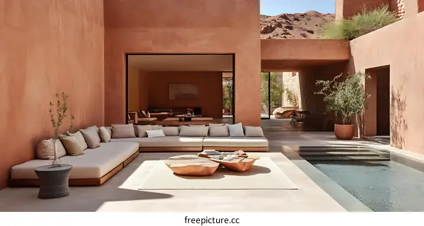 Modern Minimalist Courtyard With Pool And Seating Area