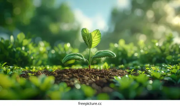 A small plant is growing in the soil and there are many plants in the background