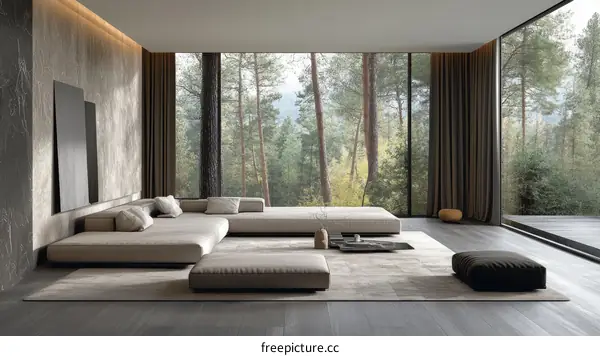 Modern Minimalist Living Room with Panoramic Forest View
