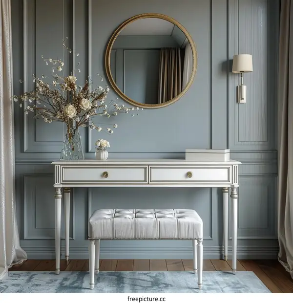 Dressing Table with Round Mirror and Flowers
