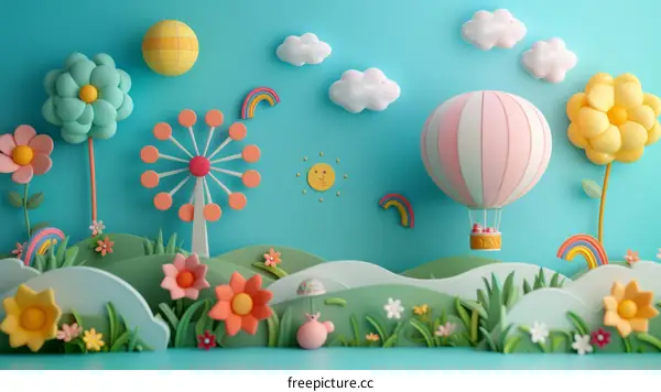 Whimsical Papercraft Landscape with Hot Air Balloon and Ferris Wheel