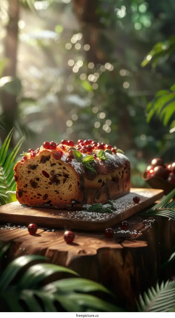 Close-up of Lush Fruitcake in a Jungle Setting