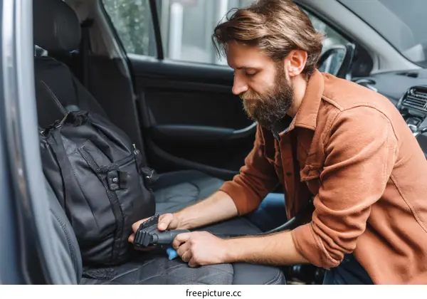 Man Cleaning Car Back Seat with Vacuum
