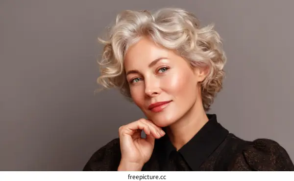 Mature Woman with Stylish Curly Hair and Elegant Makeup