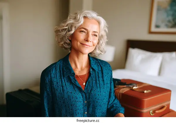 Smiling senior woman in a hotel room