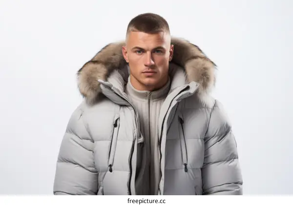 Handsome young man in a white winter jacket with fur hood
