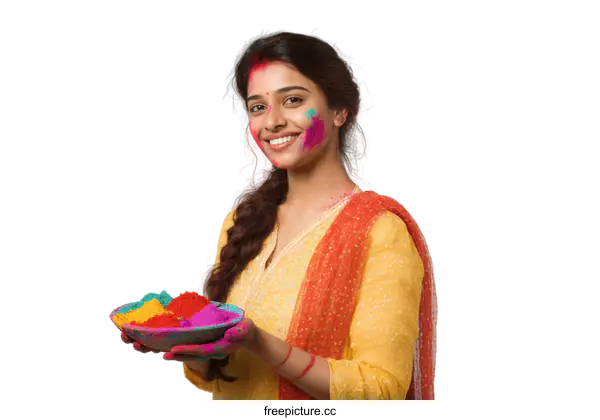 [Transparent Background PNG]Indian woman celebrating Holi with colorful powder